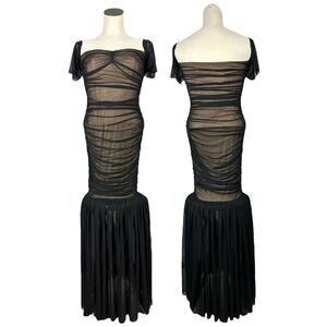 Bebe Y2K Black Mesh Cream Bodycon Off Shoulder Mermaid Maxi Formal Dress S